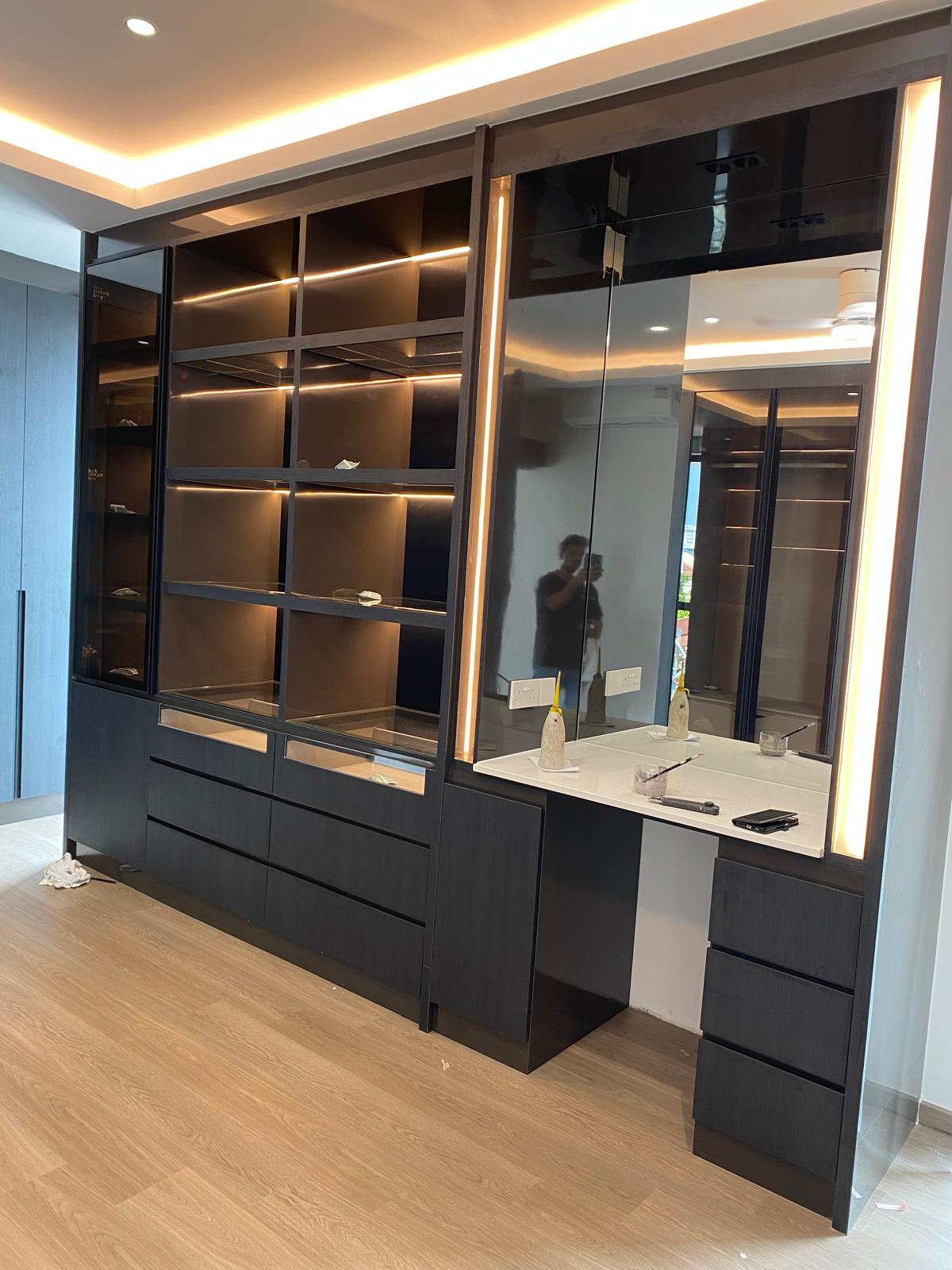 Dark wardrobe with mirrored doors and illuminated open shelving
